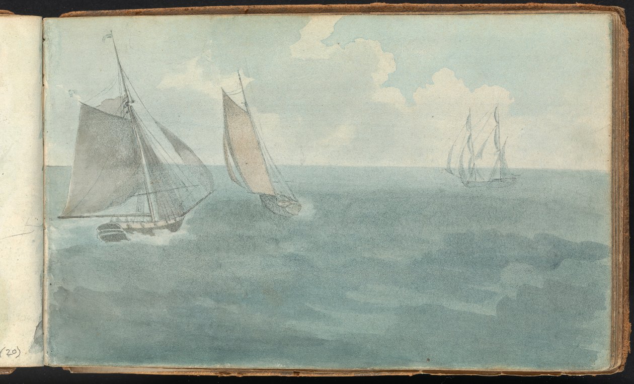 Album mit Landschafts- und Figurenstudien: Drei Schiffe auf See von Thomas Bradshaw