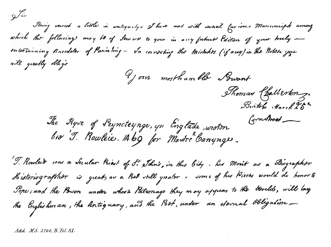 Teil eines Briefes von Thomas Chatterton an Horace Walpole, spätes 18. Jahrhundert, 1840 von Thomas Chatterton