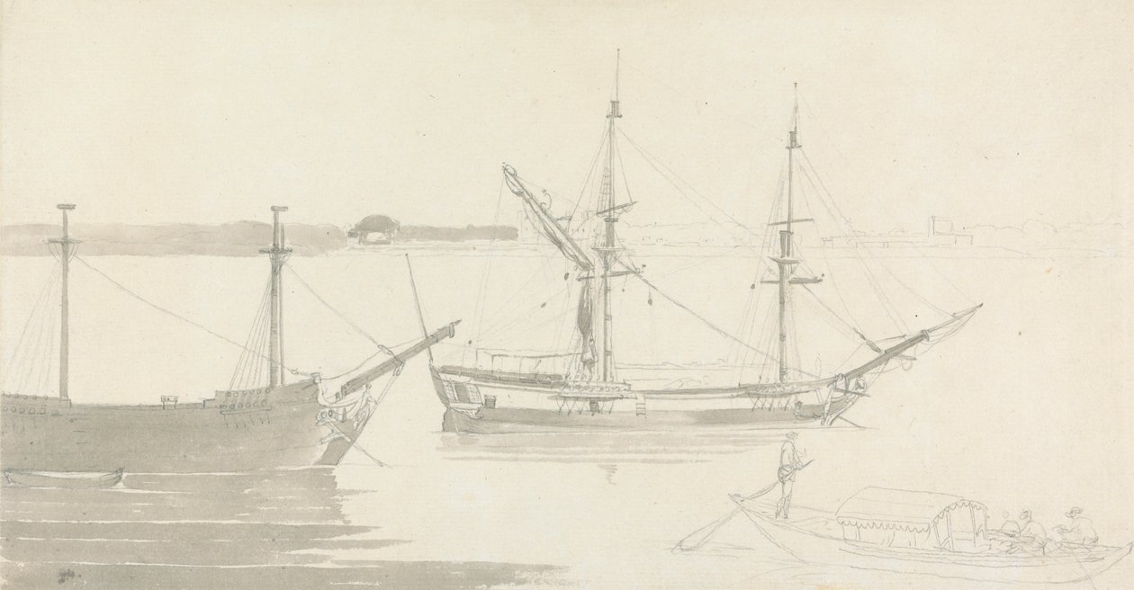 Zwei vertäute Schiffe und ein Fischerboot von Thomas Daniell