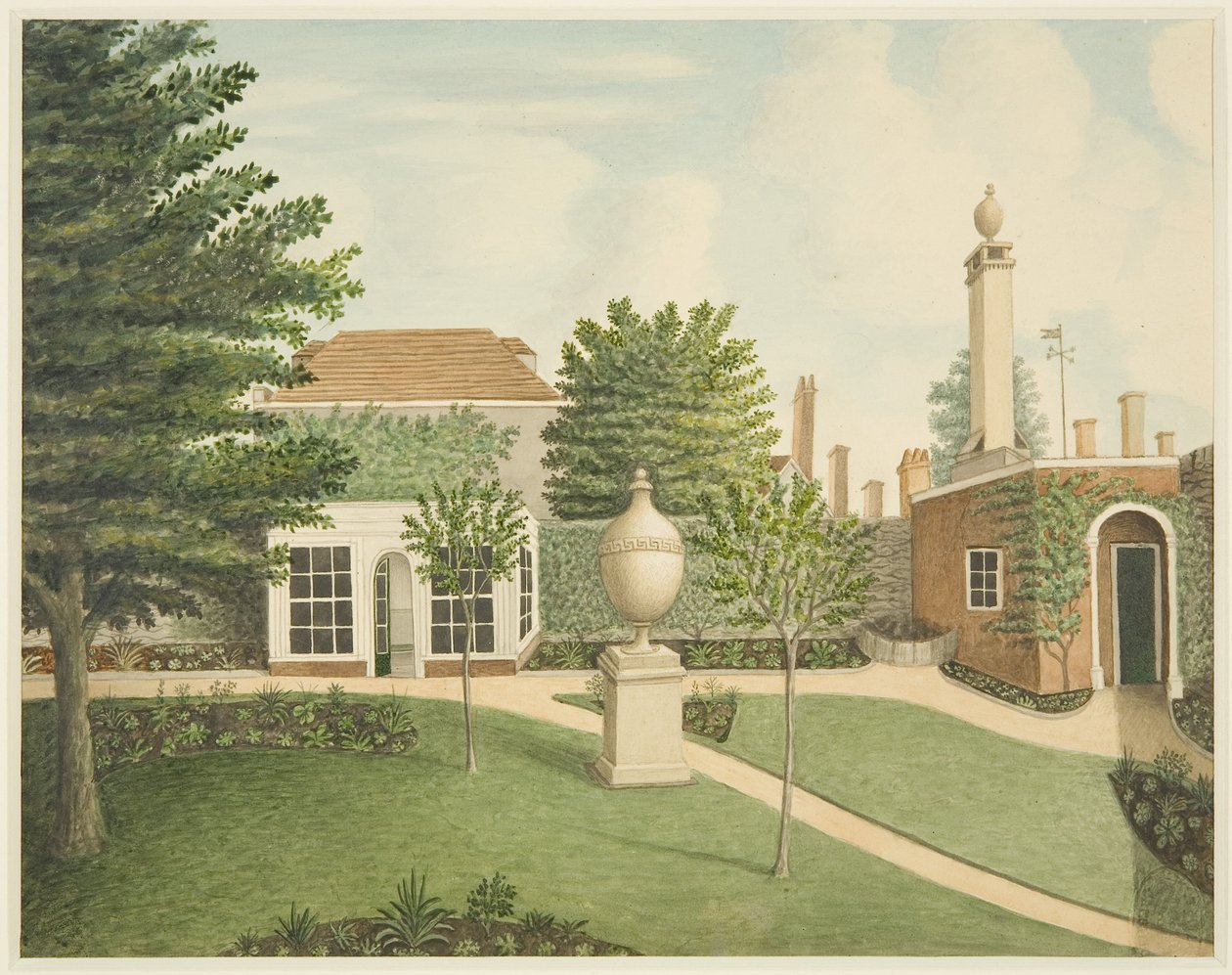 Blick auf die Hauptgartenrasen, Sommerhaus und Bodensterilisierungsraum in der St James