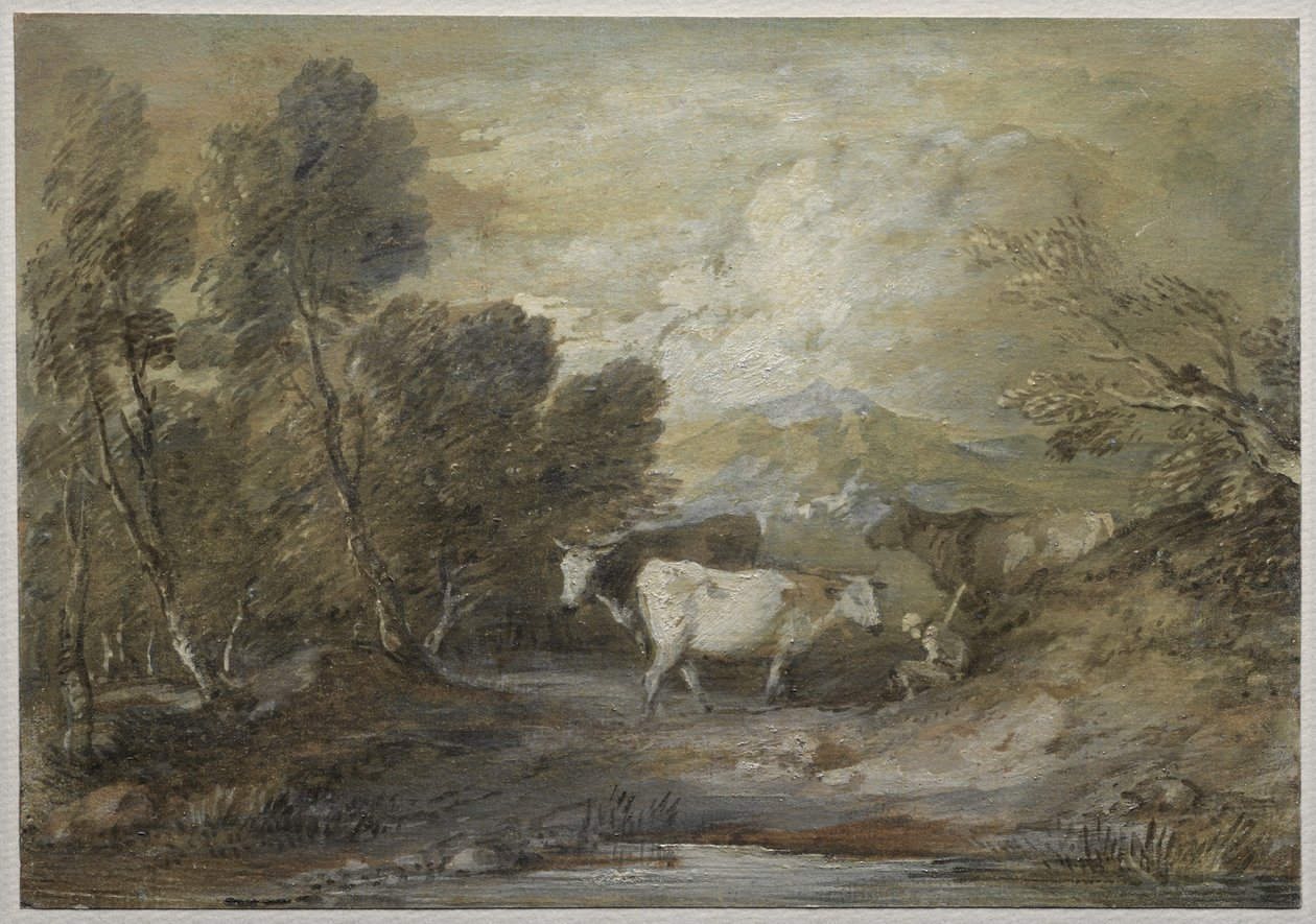 Ein Hirte mit drei Kühen an einem Hochlandteich von Thomas Gainsborough