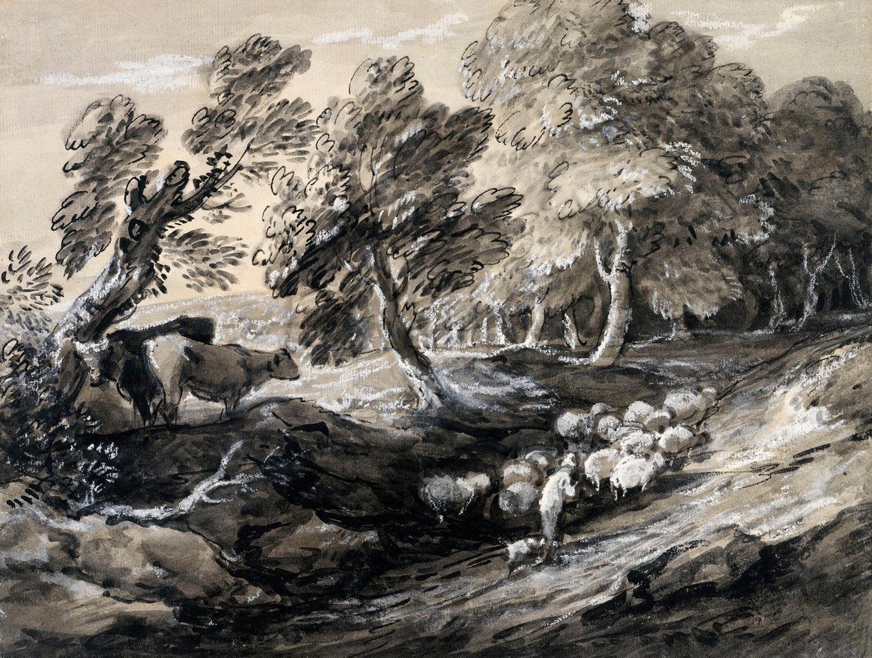 Ein Hirte treibt eine Schafherde durch einen Wald von Thomas Gainsborough