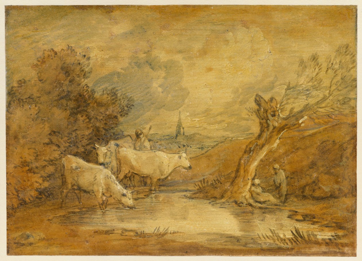 Landschaft mit Figuren, Hirte und Vieh an einem Teich, und ferne Kirche von Thomas Gainsborough