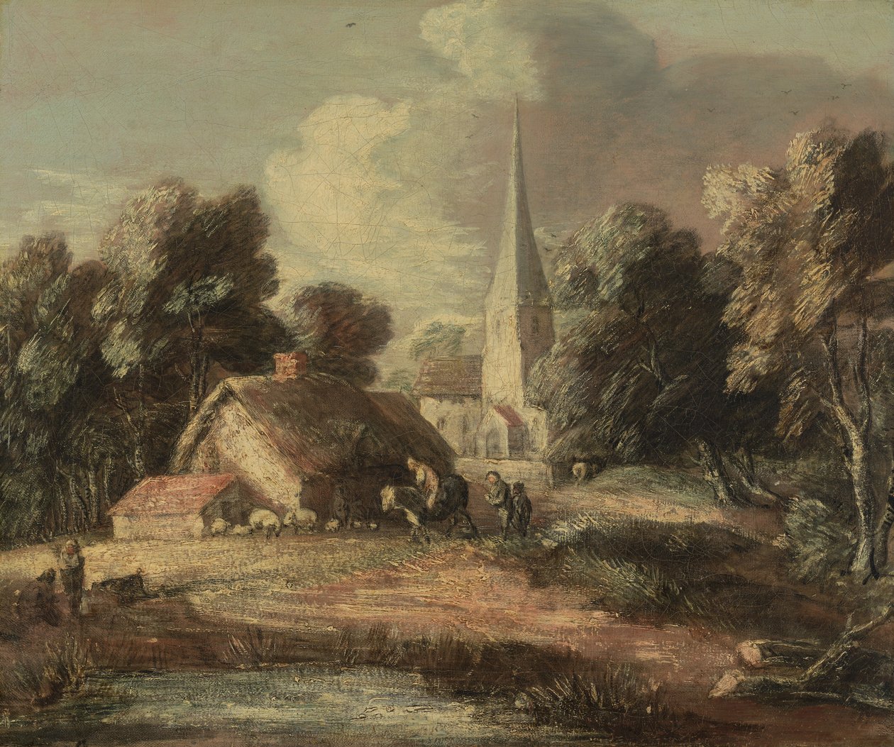 Landschaft mit Hütte und Kirche von Thomas Gainsborough