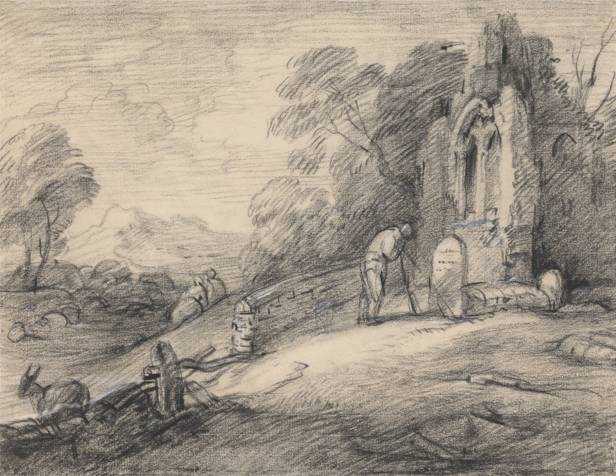 Waldlandschaft mit Bauer, der eine Inschrift auf einem Grabstein neben einer Ruine liest, Figuren, Esel, Schafe und ferne Berge von Thomas Gainsborough