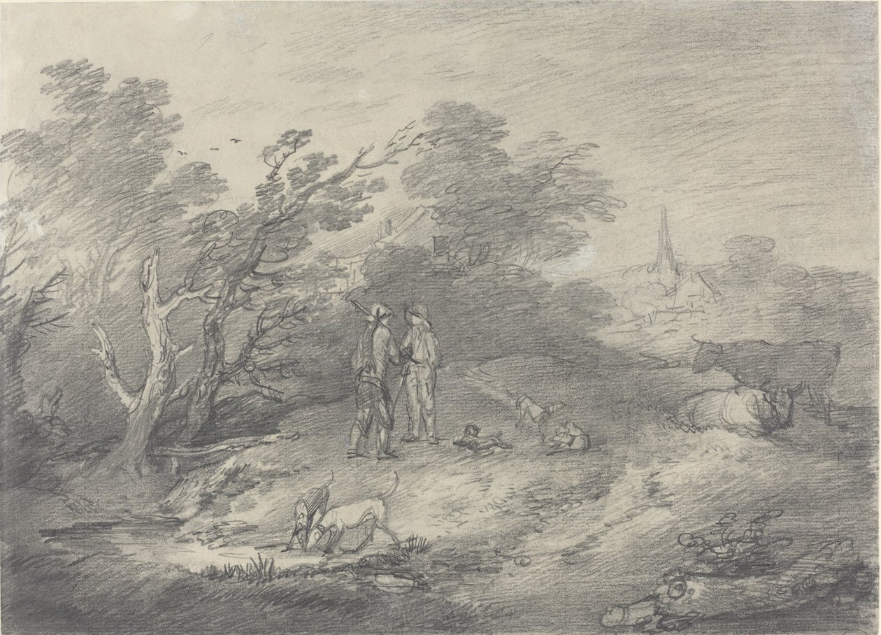 Wälder in der Nähe eines Dorfes mit Kaninchenfängern und ihren Windhunden von Thomas Gainsborough