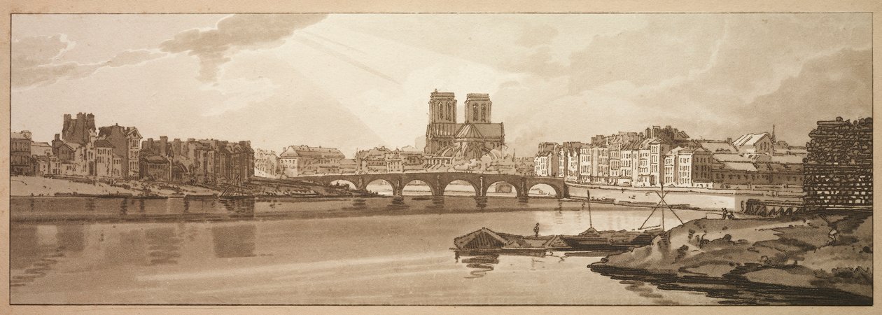 Eine Auswahl von zwanzig der malerischsten Ansichten in Paris: Ansicht der Pont de la Tournelle..., 1802 von Thomas Girtin