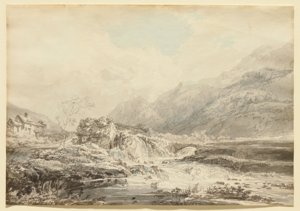 Gebirgslandschaft mit oberschlächtiger Mühle und Brücke von Thomas Girtin