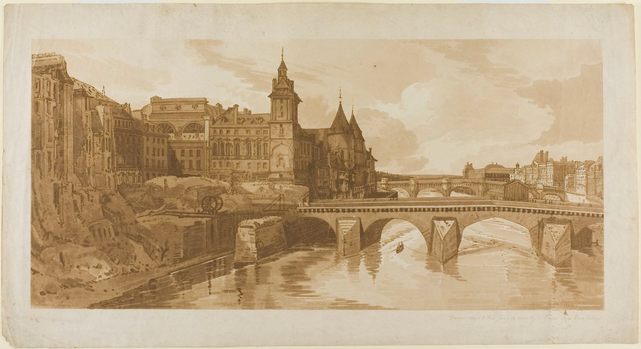 Ansicht von Pont au Change, dem Stadttheater, Pont Neuf, Conciergerie-Gefängnis usw. vom Pont Notre Dame aus, aus einer Auswahl von zwanzig der malerischsten Ansichten in Paris von Thomas Girtin