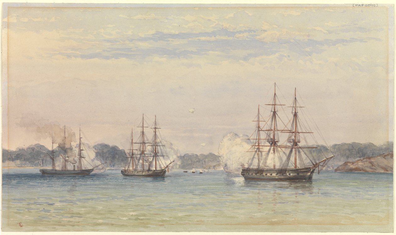 Der China-Krieg 1857, drei Schiffe Ihrer Majestät bombardieren und Schiffsboote an Land von Thomas Goldsworth Dutton