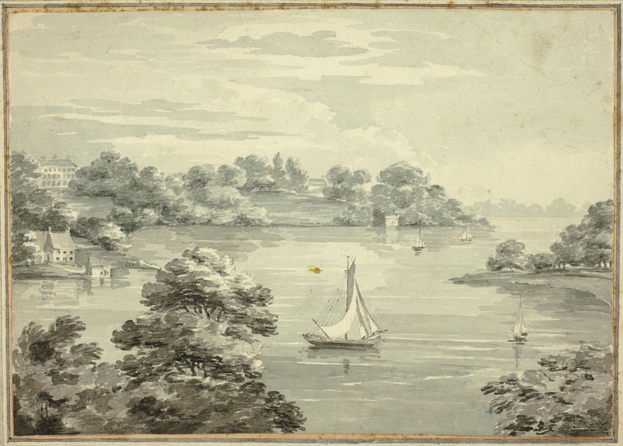Segelboote auf dem See mit Häusern in der Nähe des Ufers von Thomas Hearne