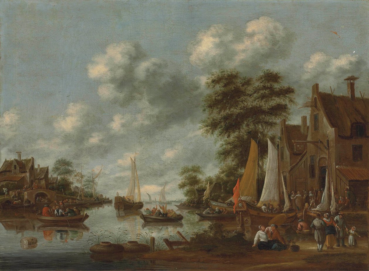 Flusslandschaft mit Fähren und anderen Schiffen, Figuren steigen bei einem Gasthaus aus von Thomas Heeremans