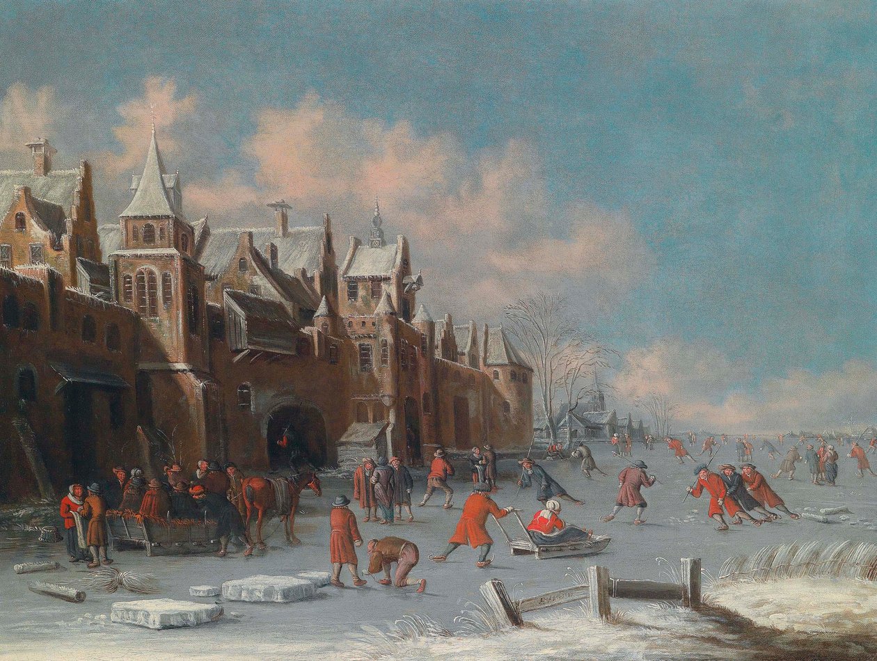 Schlittschuhläufer auf dem Eis vor den Toren einer niederländischen Stadt von Thomas Heeremans