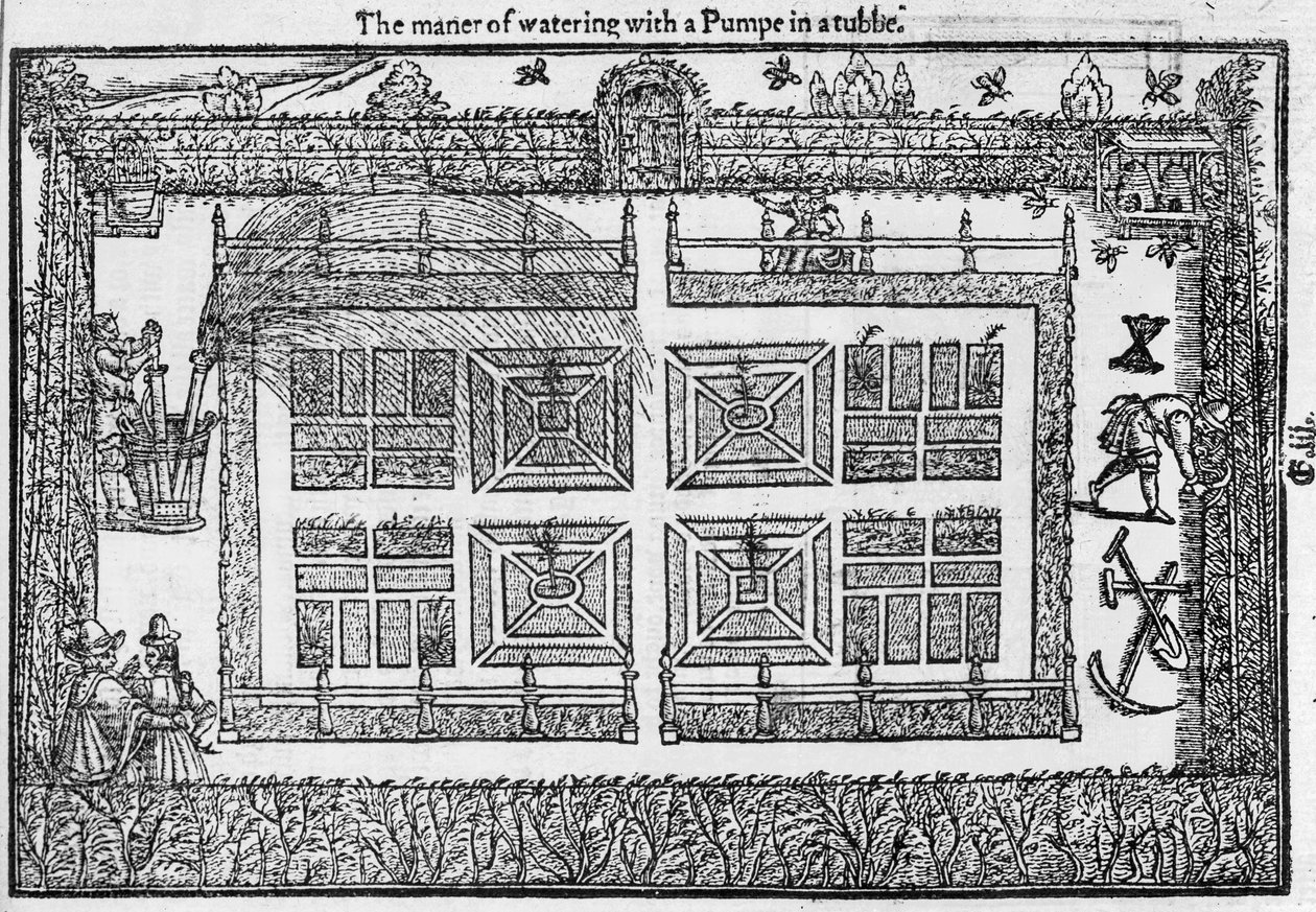 Die Art des Bewässerns mit einer Pumpe in einem Fass, aus The Gardeners Labyrinth, 1577 von Thomas Hill