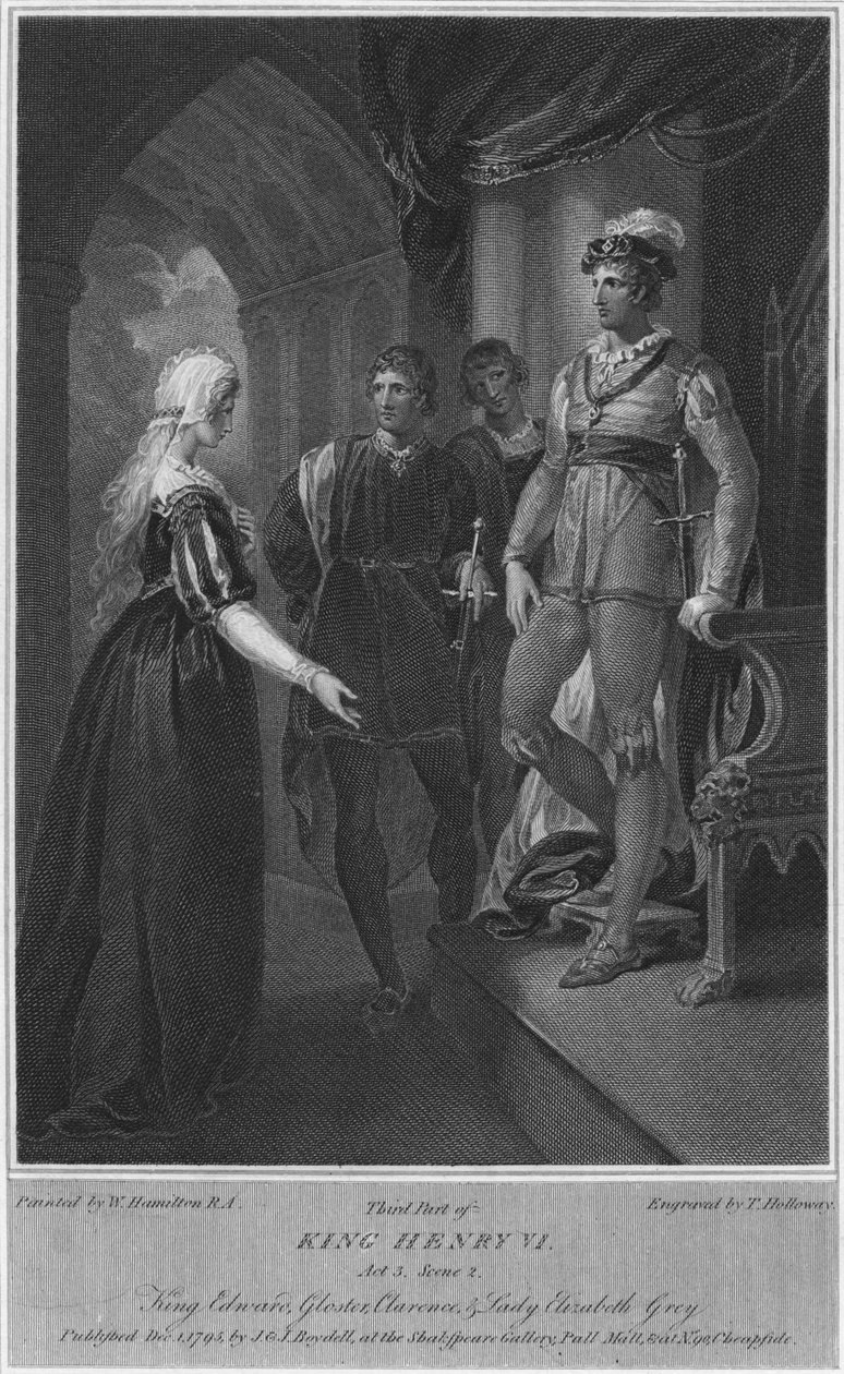Dritter Teil von König Heinrich VI. Akt 3. Szene 2. König Edward, Gloucester, Clarence & Lady Elizabeth von Thomas Holloway