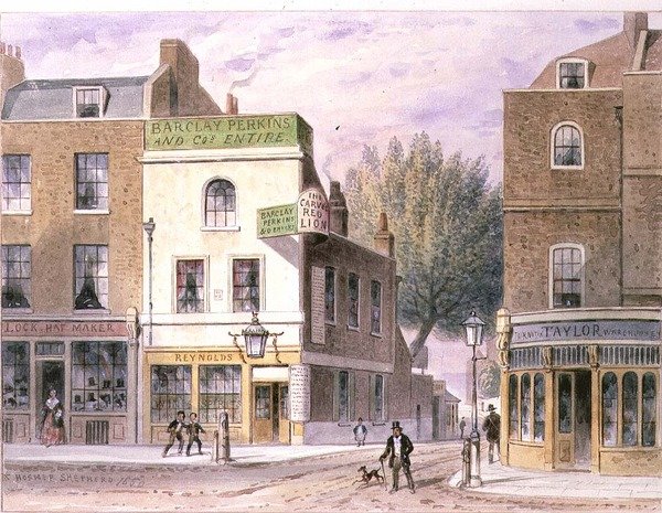Geschnitzter Roter Löwen Gasthof, Islington Green, Datum am Haus 1660 von Thomas Hosmer Shepherd