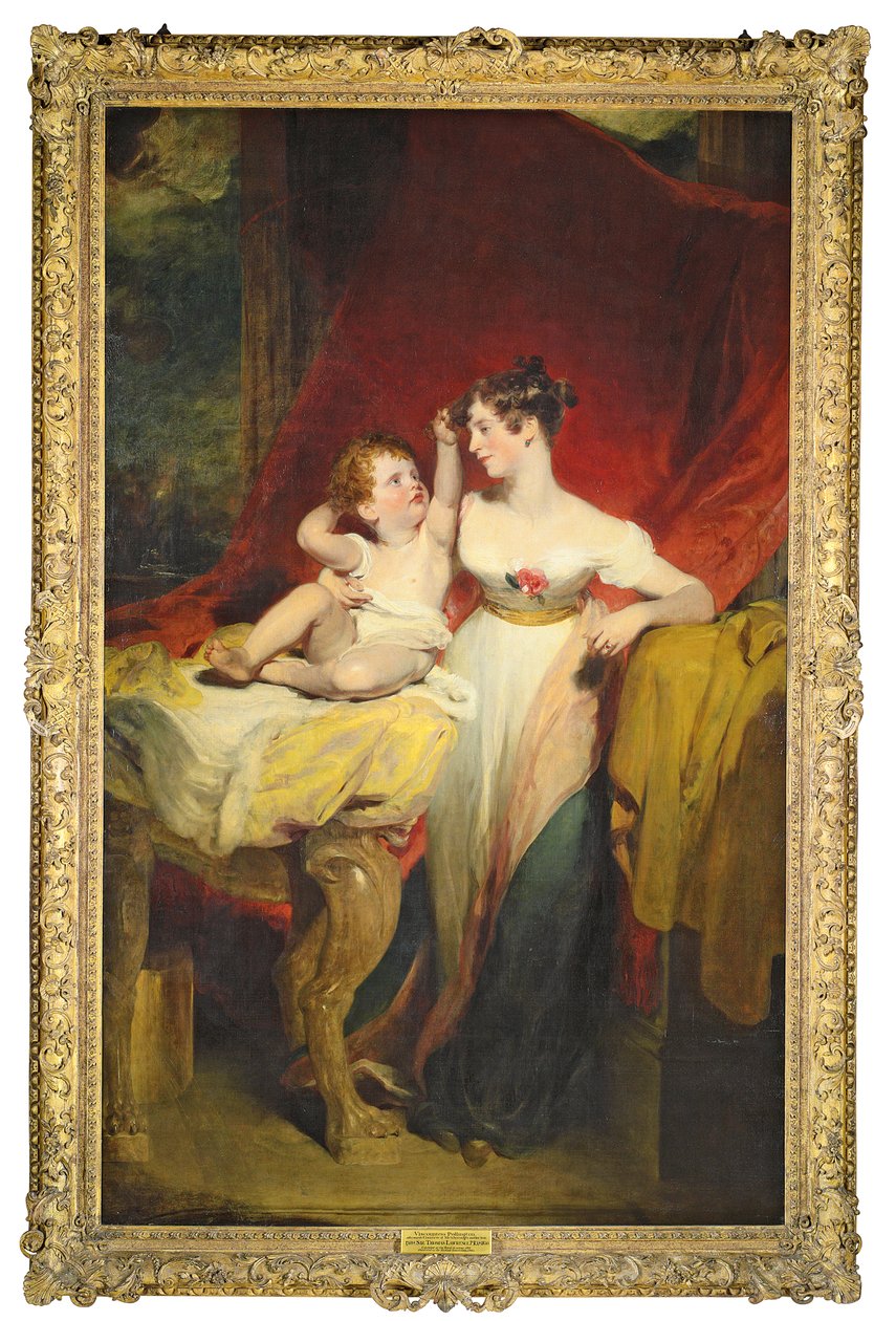 Porträt von Anne, Viscountess Pollington, später Countess of Mexborough (gest. 1870), mit ihrem Sohn, John Charles (1810-99), später 4. Earl of Mexborough, in voller Länge, sie in einem weißen Kleid mit einer Rose von Thomas Lawrence