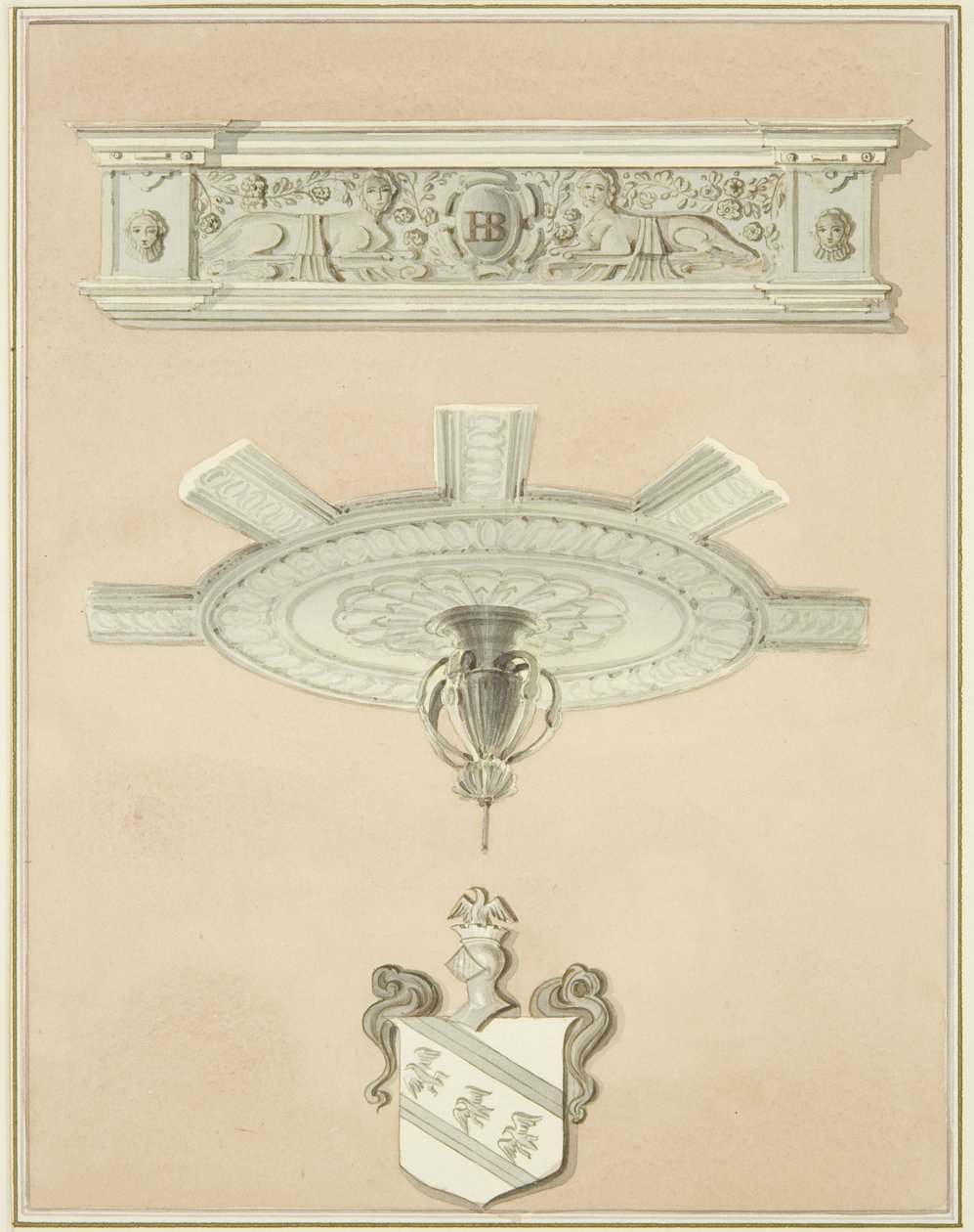 Details des Raums in der Rechtsbibliothek, einschließlich zentralem Deckenpendel und Gesims von Thomas Leeson the Elder Rowbotham