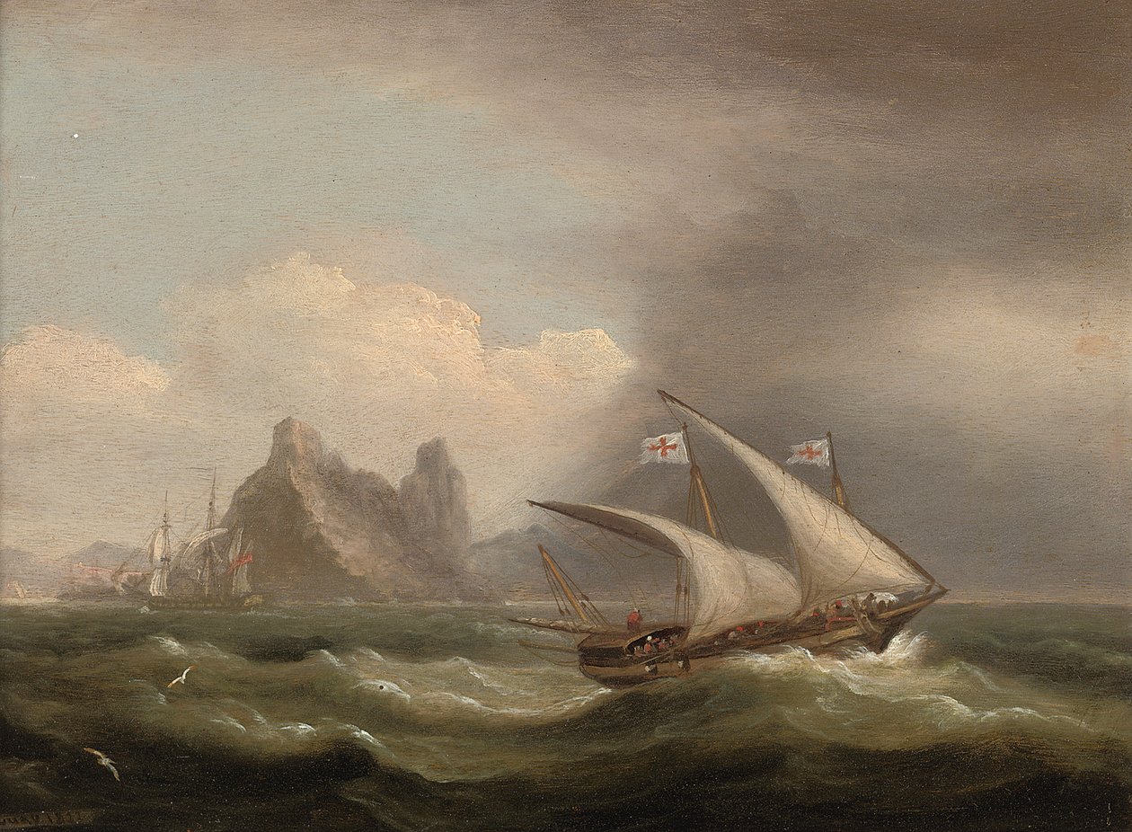 Ein bewaffneter Xebec im Mittelmeer, eine britische Fregatte hinter ihr und vorbei an einer felsigen Küste, 1822 von Thomas Luny