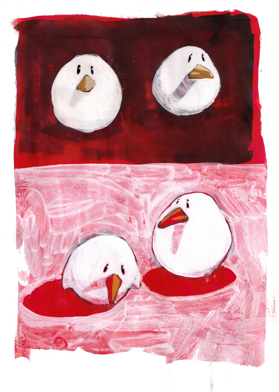 Vögel in Schwarz und Weiß auf Rot von Thomas MacGregor