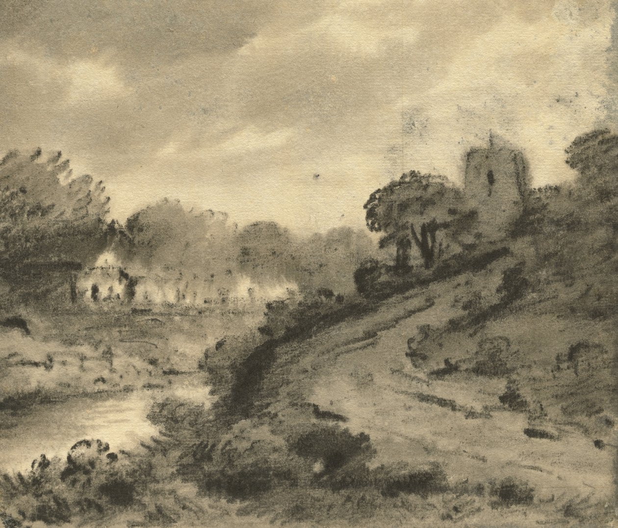 Bewaldete Flusslandschaft mit einem Felsen im Vordergrund links, ca. 1800 von Thomas Monro
