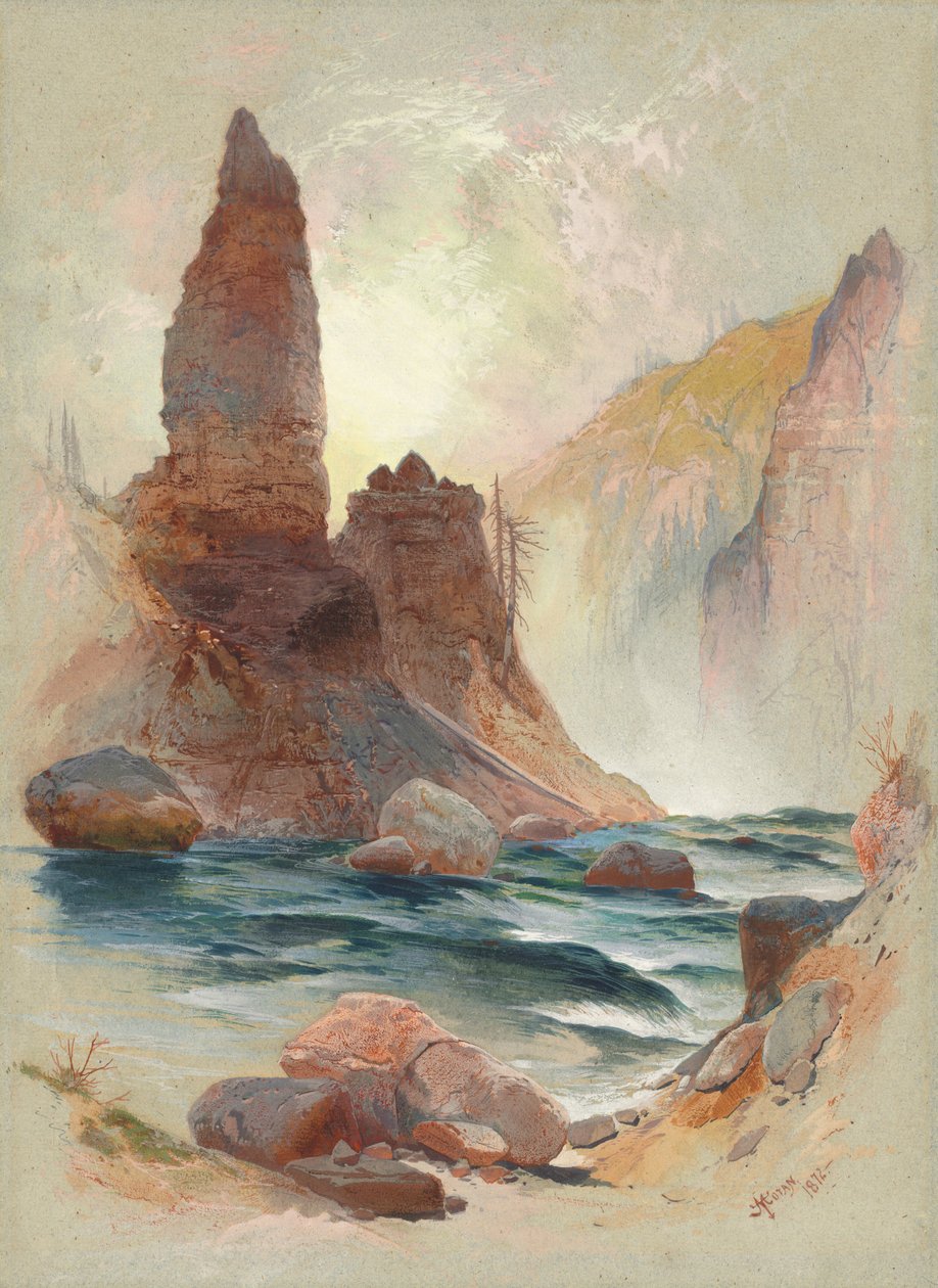Felsenturm an den Tower Falls, Yellowstone von Thomas Moran
