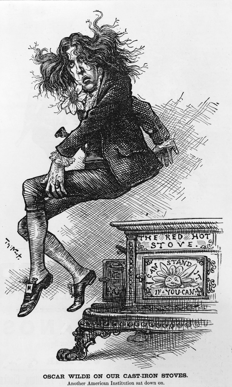 Oscar Wilde auf unseren Gusseisenöfen. Eine weitere amerikanische Institution, die niedergesessen wurde, Illustration aus Harpers Weekly, veröffentlicht 1882 von Thomas Nast