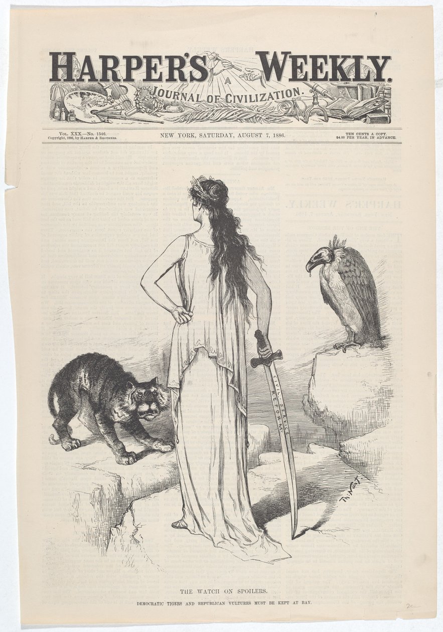 Die Wache auf Spoilers. Die Demokratischen Tiger und Republikanischen Geier müssen in Schach gehalten werden. von Thomas Nast