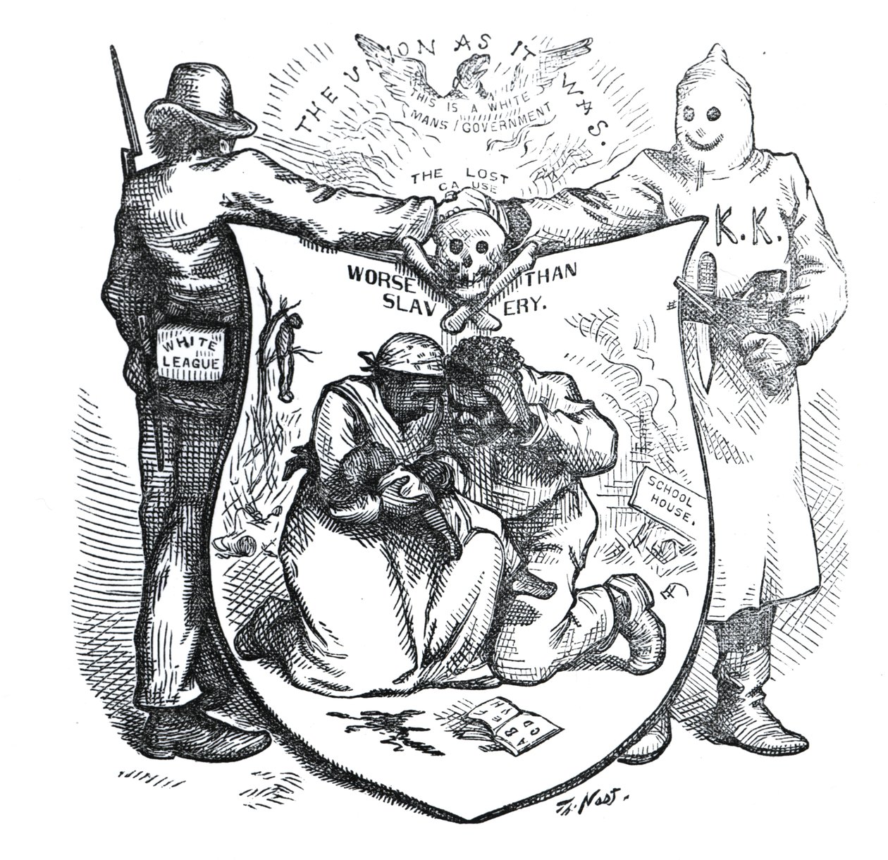 Die Weiße Liga und der Ku-Klux-Klan: Schlimmer als Sklaverei, Karikatur aus Harper