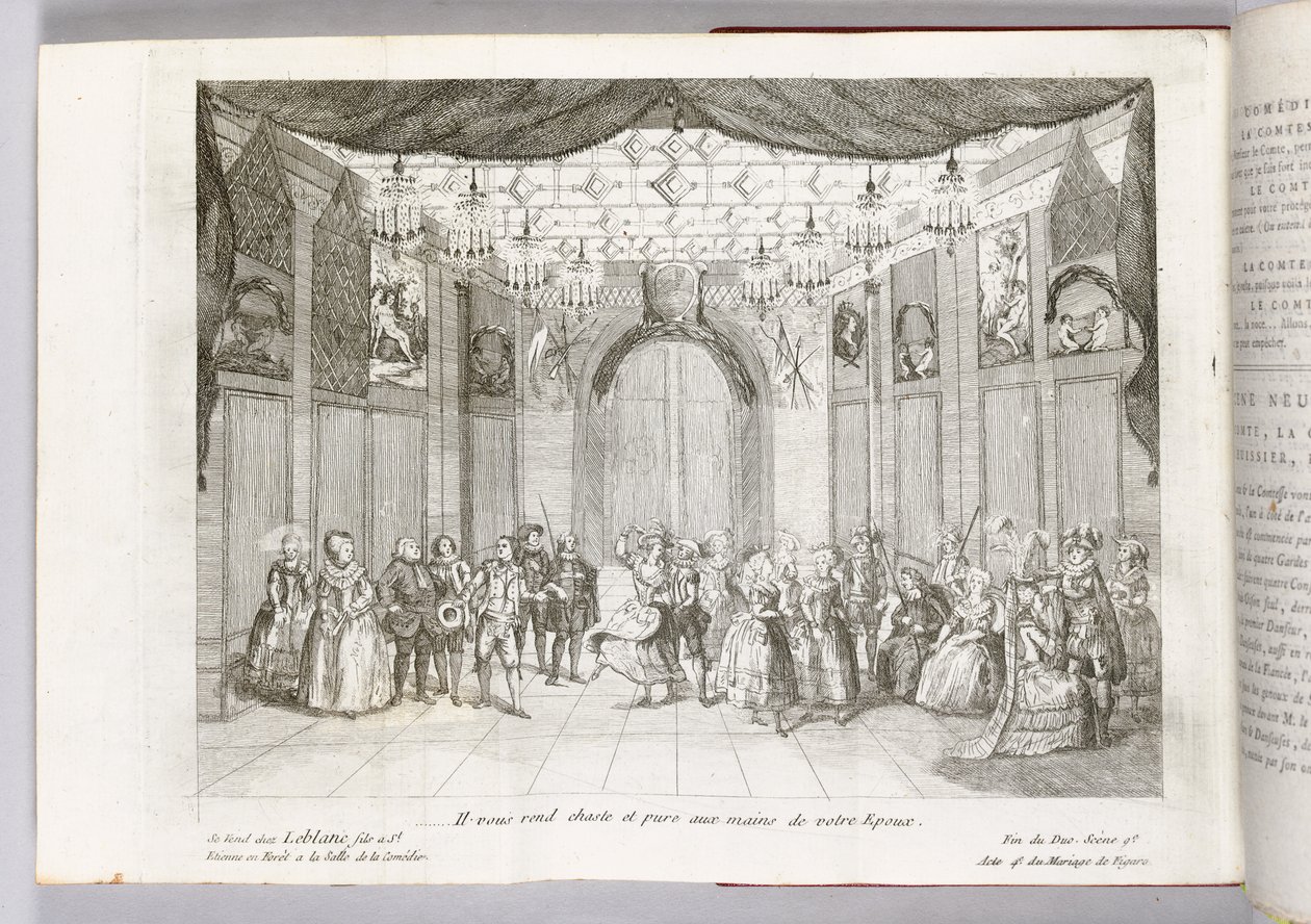 "Il vous rend chaste et pure aux mains de votre Epoux", Illustration aus "Die Hochzeit des Figaro" von Pierre Augustin Caron de Beaumarchais, 1784 von Thomas Naudet