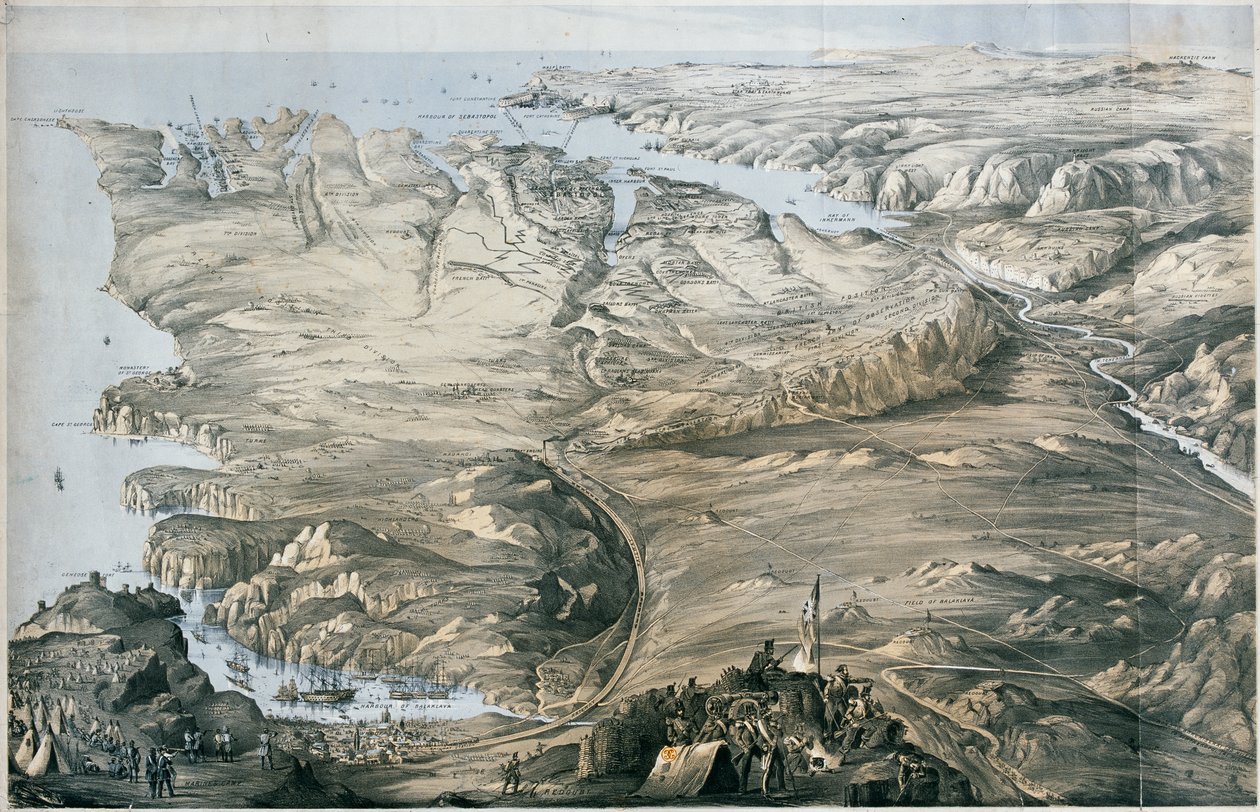 Panoramablick auf die Verschanzung der alliierten Armeen von England und Frankreich vor Sebastopol (Lithographie, getönt) von Thomas Packer