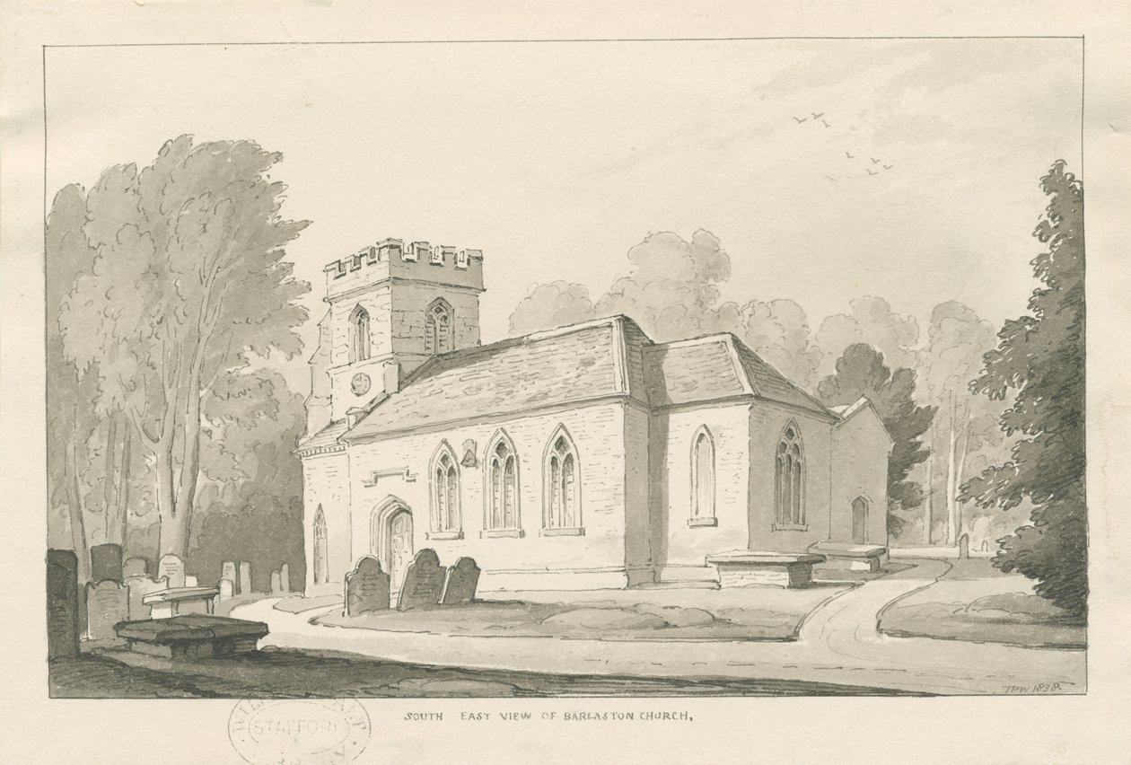 Barlaston Kirche: Feder- und Waschzeichnung, 1838 von Thomas Peploe Wood