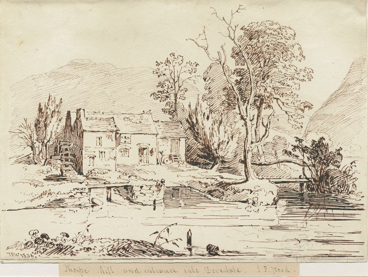Dovedale - Thorpe Mühle (Feder- und Sepia-Zeichnung) von Thomas Peploe Wood