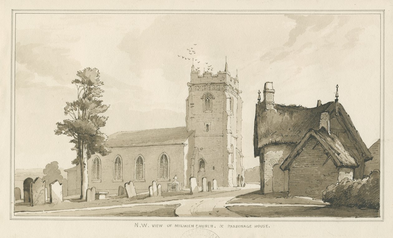 Milwich Kirche und Pfarrhaus: Feder- und Waschzeichnung, nd [?1838] von Thomas Peploe Wood