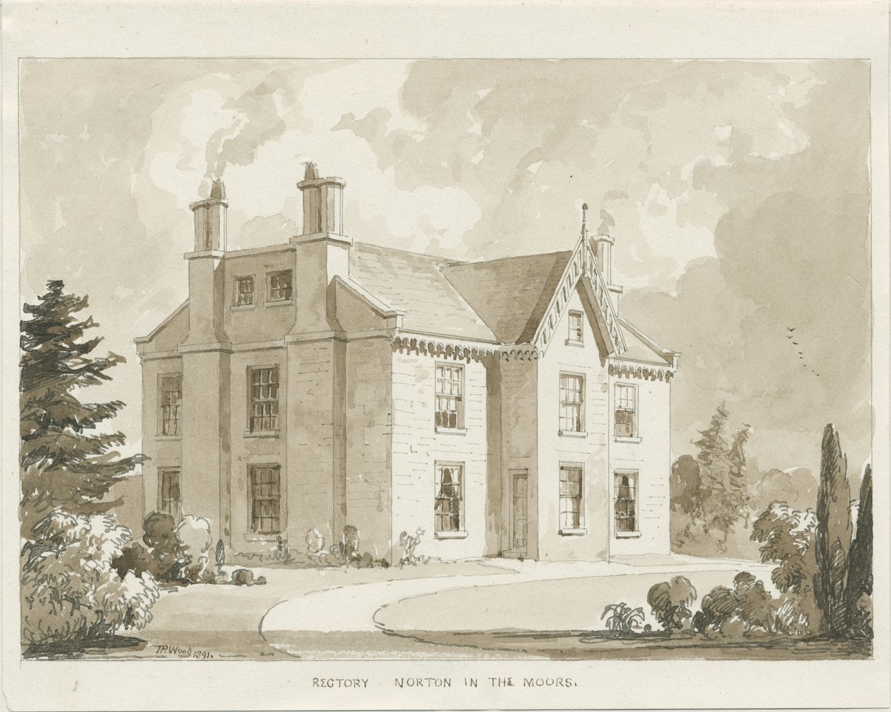 Norton-in-the-Moors Pfarrhaus: Sepiawaschzeichnung, 1841 von Thomas Peploe Wood