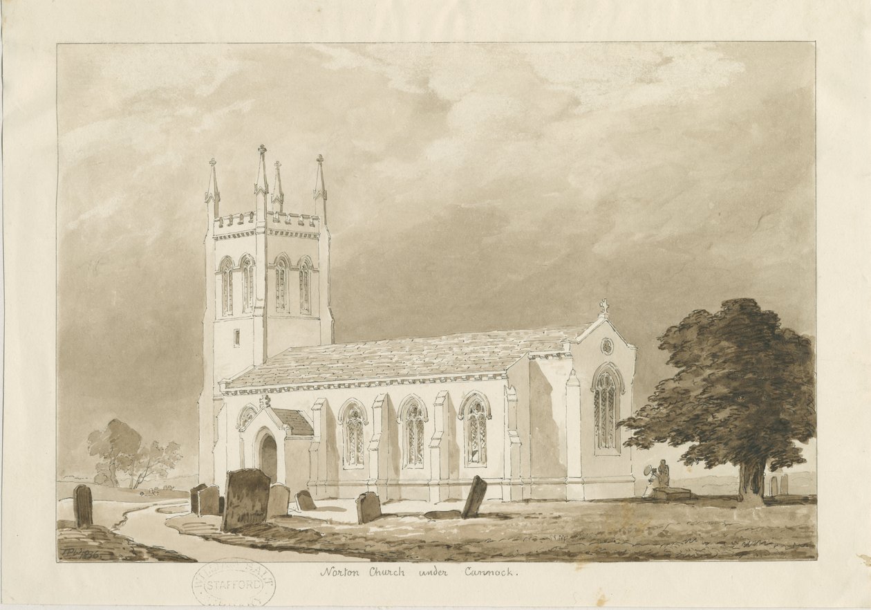Norton Canes Kirche: Sepia-Waschzeichnung von Thomas Peploe Wood