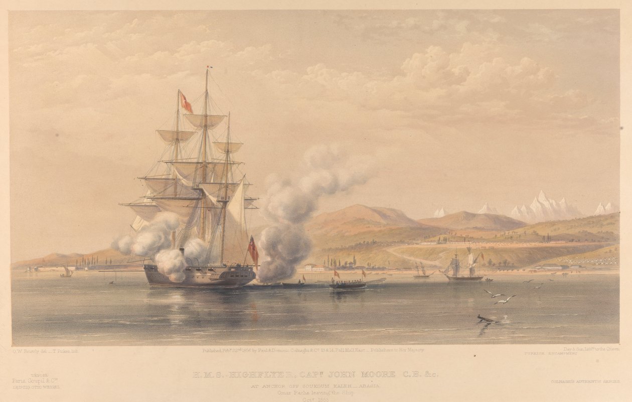 H.M.S. Highflyer Kapitän John Moore C.B. &c. vor Anker vor Soukoum Kaleh-Abasia, Omar Pascha verlässt das Schiff, Oktober 1855 von Thomas Picken