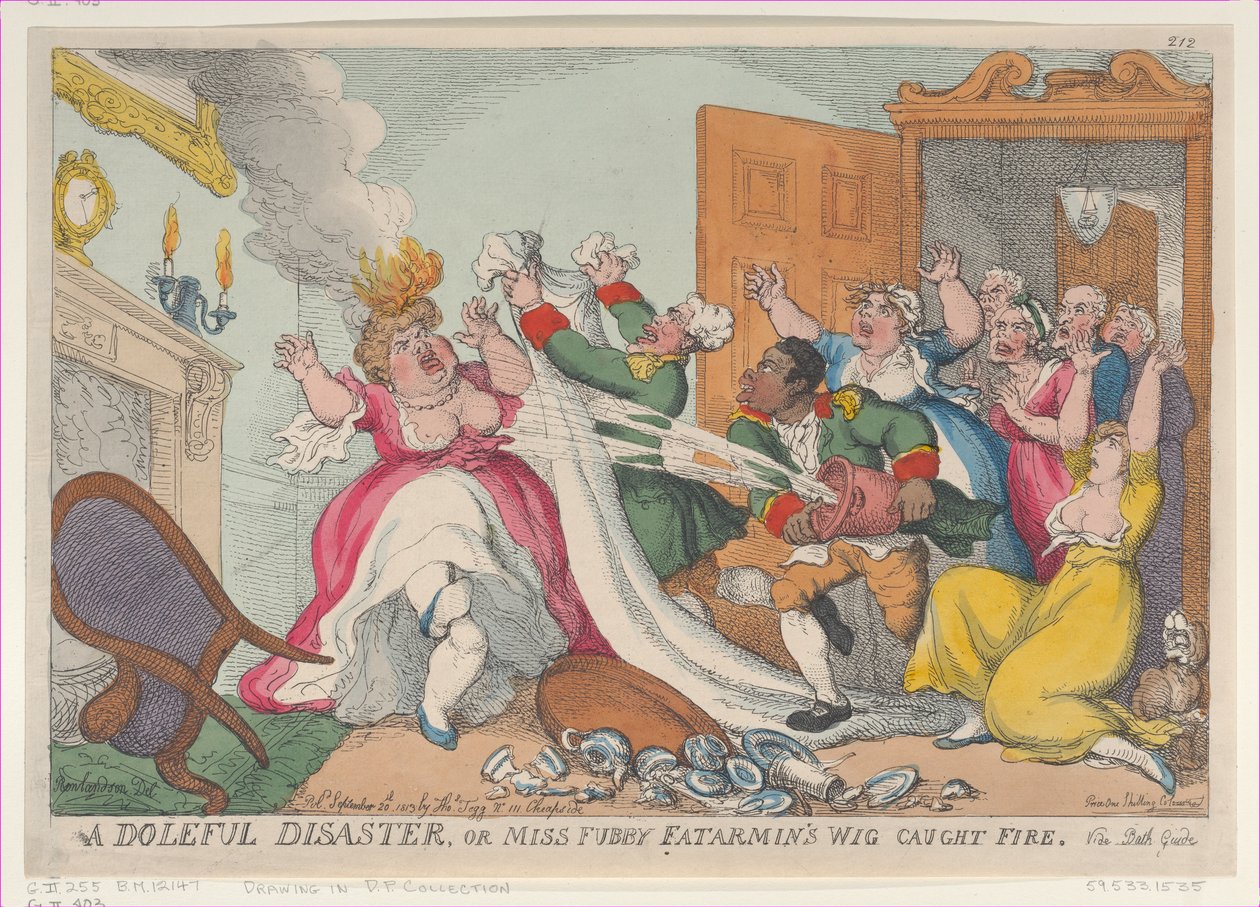Ein trauriges Unglück, oder Miss Fubby Fatarmins Perücke fing Feuer, 20. September 1813 von Thomas Rowlandson