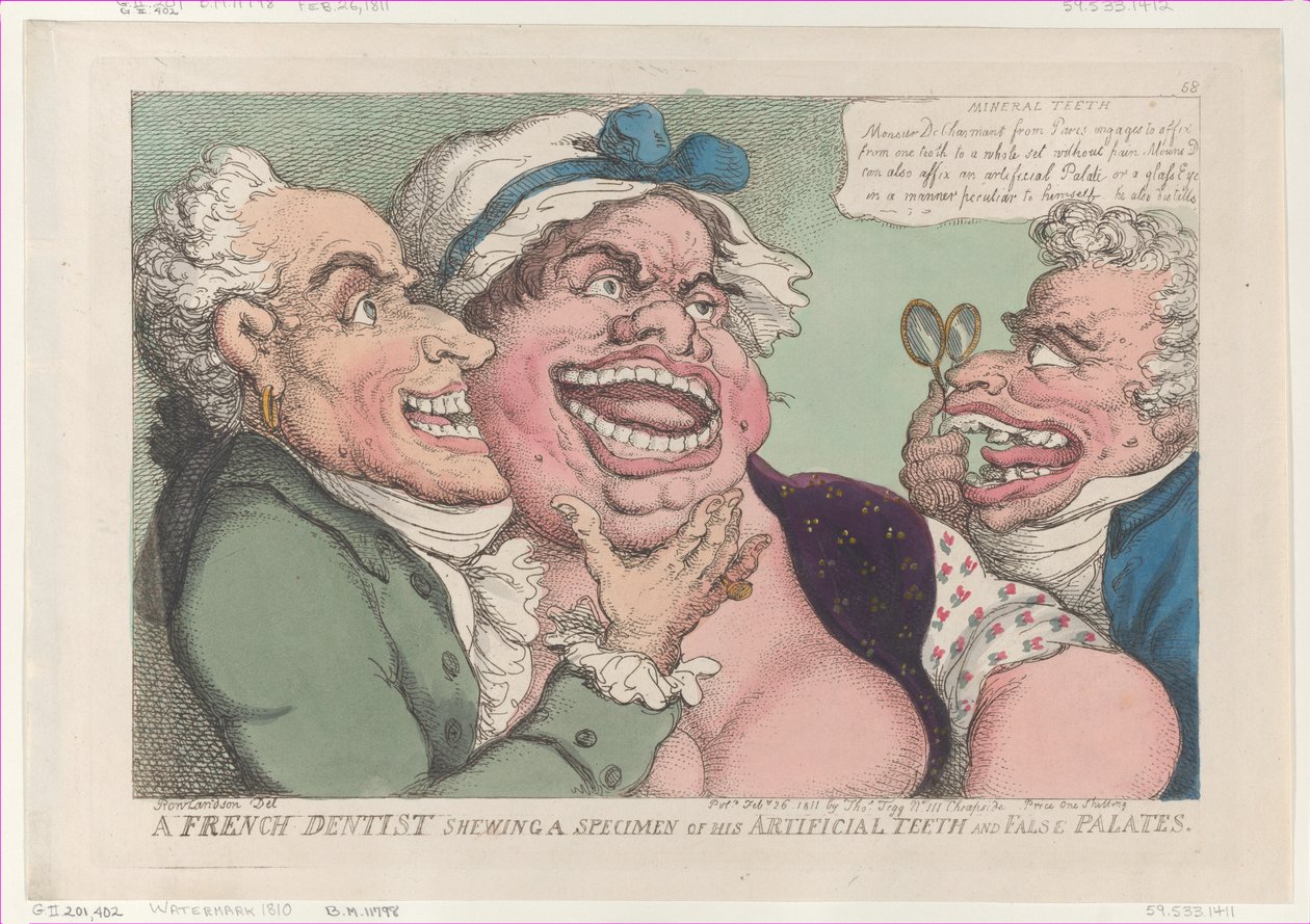 Ein französischer Zahnarzt zeigt ein Exemplar seiner künstlichen Zähne und falschen Gaumen, 26. Februar 1811 von Thomas Rowlandson