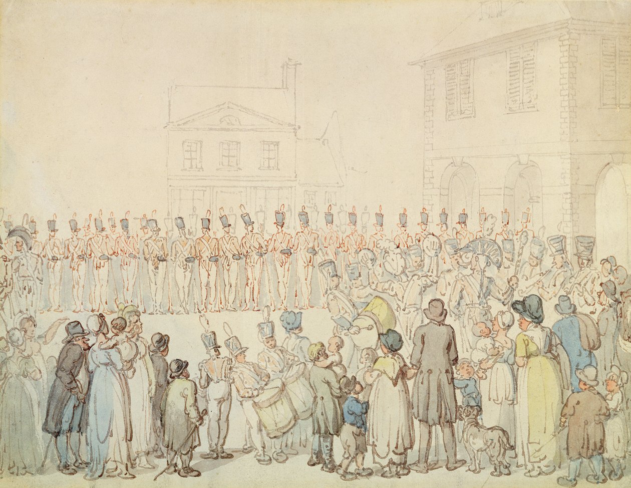 Eine Überprüfung der Northamptonshire-Miliz in Brackley, Northants von Thomas Rowlandson