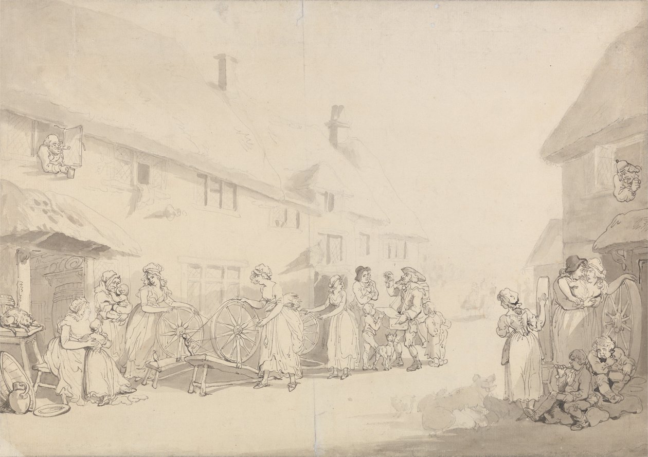 Dorfszene mit Mädchen beim Spinnen von Thomas Rowlandson