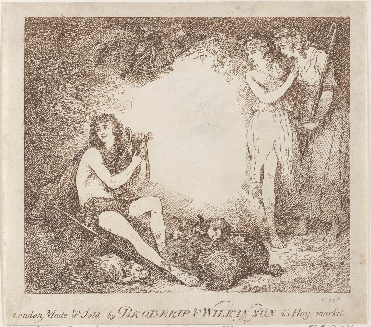 Apollo, Lyra und Daphne Handelskarte, die Marian, eine Oper, illustriert, 1797-99 von Thomas Rowlandson