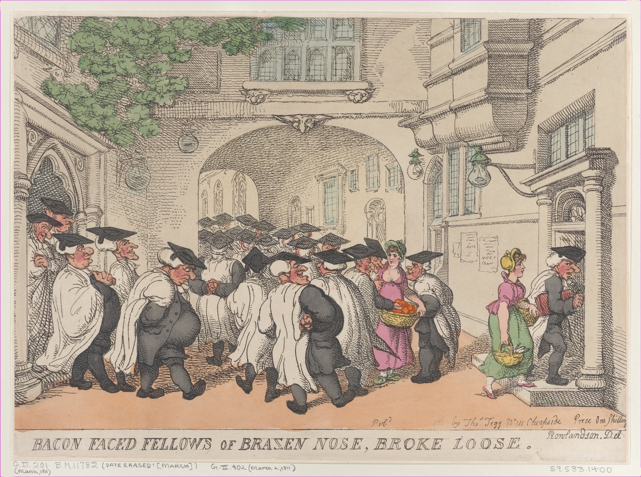 Bacon Faced Fellows of Brazen Nose, Broke Loose, 1811 von Thomas Rowlandson