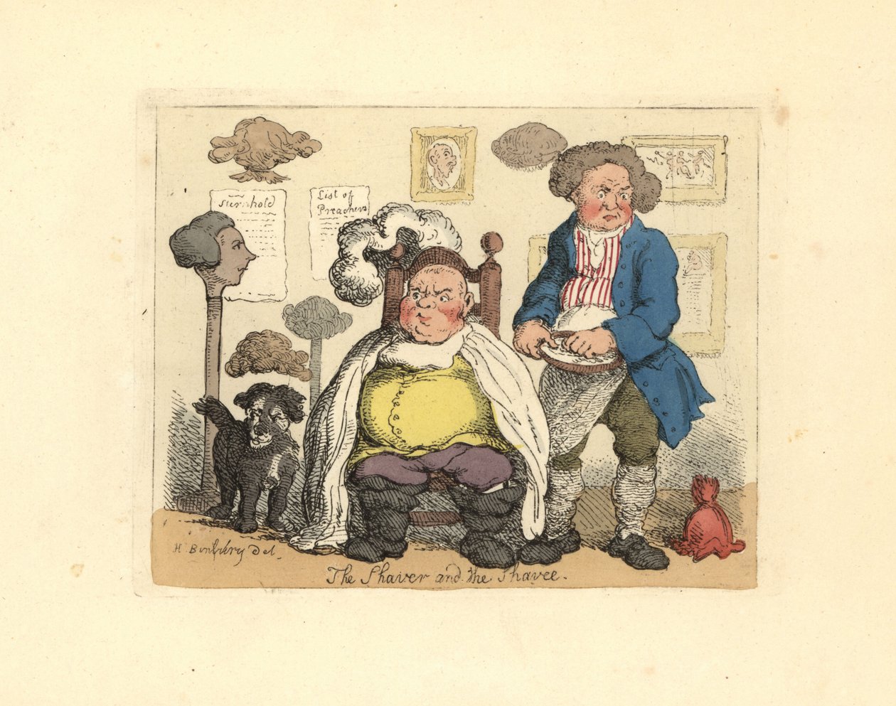 Barbier und Kunde in einem mit Perücken dekorierten Friseursalon von Thomas Rowlandson