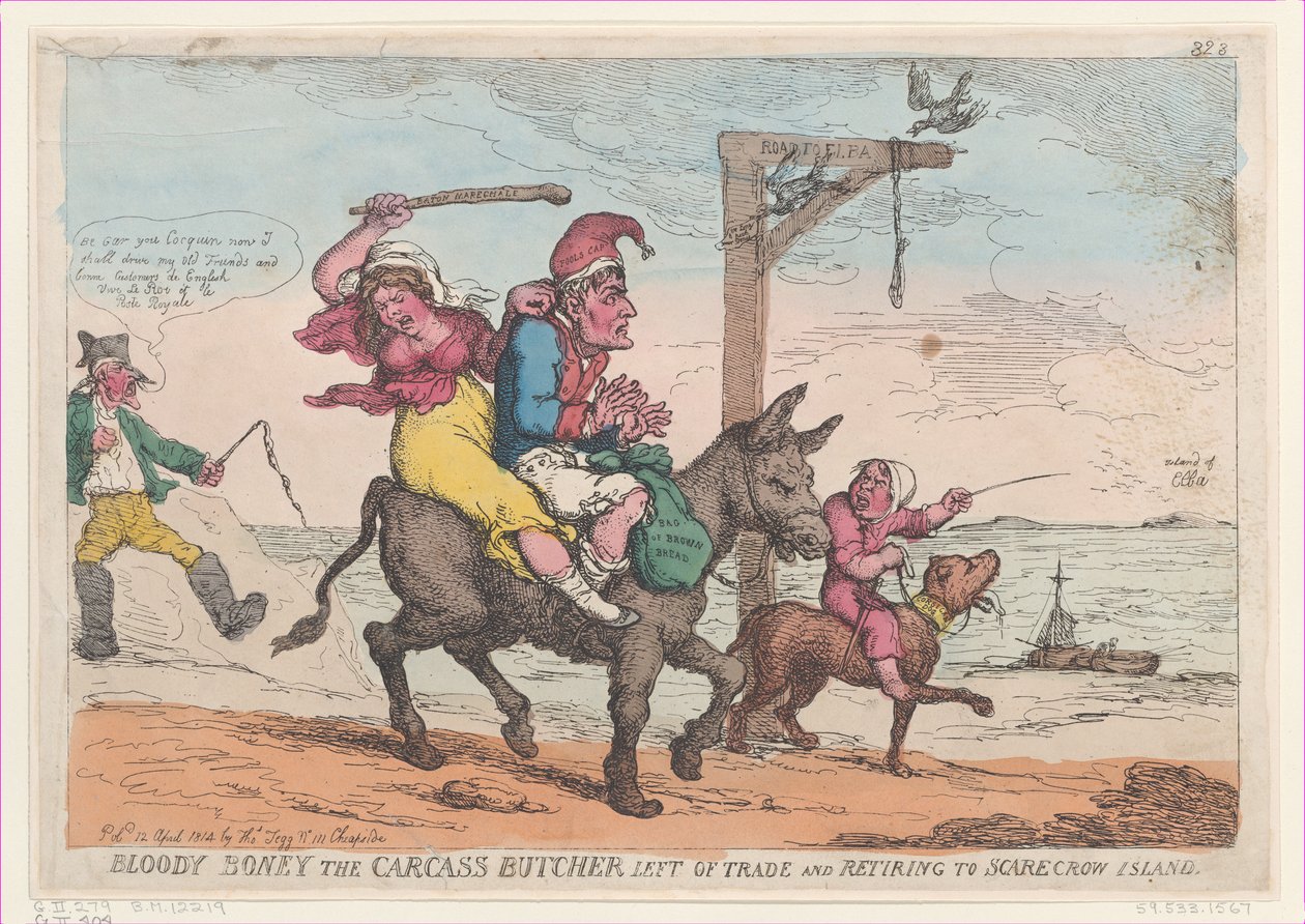 Blutiger Boney der Kadaver-Metzger, links vom Handel und Rückzug zur Vogelscheucheninsel von Thomas Rowlandson