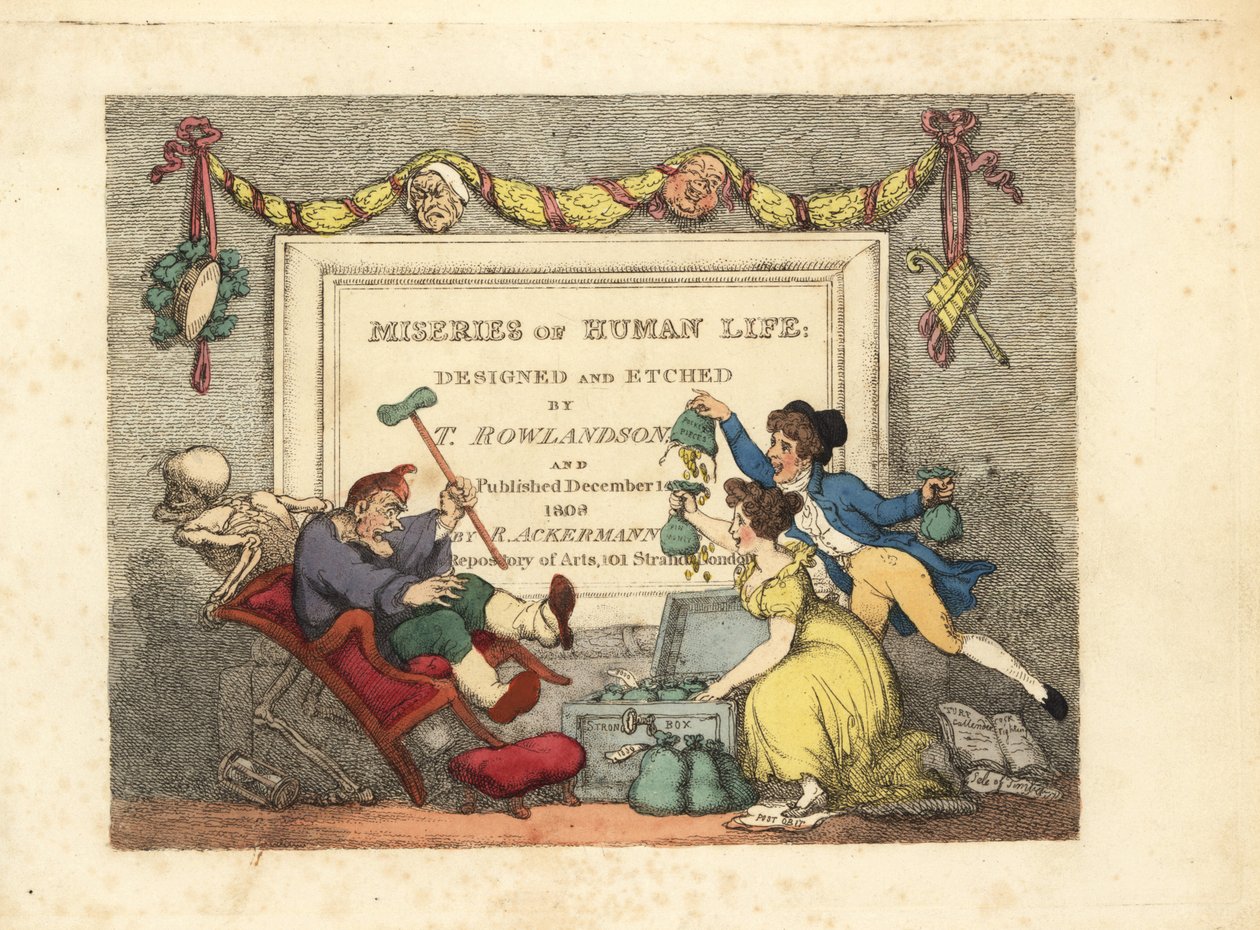 Kalligraphische Titelseite mit Vignette des Skeletts des Todes von Thomas Rowlandson