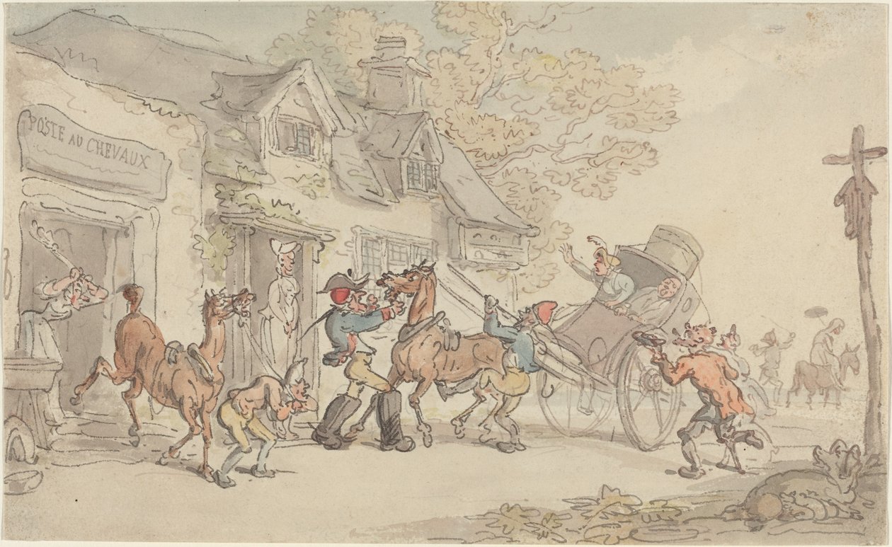 Pferdewechsel an einer Poststation in Frankreich von Thomas Rowlandson