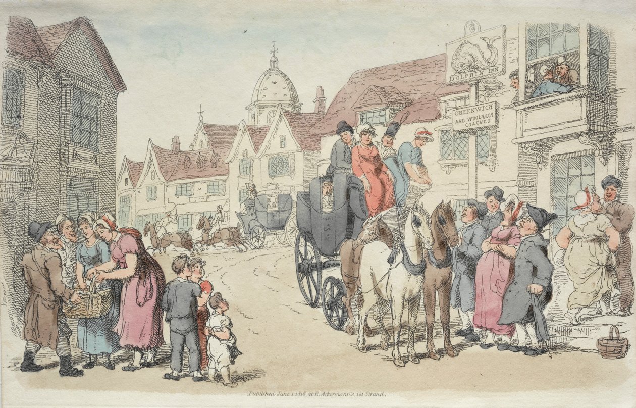 Dolphins Inn: Greenwich und Woolwich Kutschen, 1816 von Thomas Rowlandson