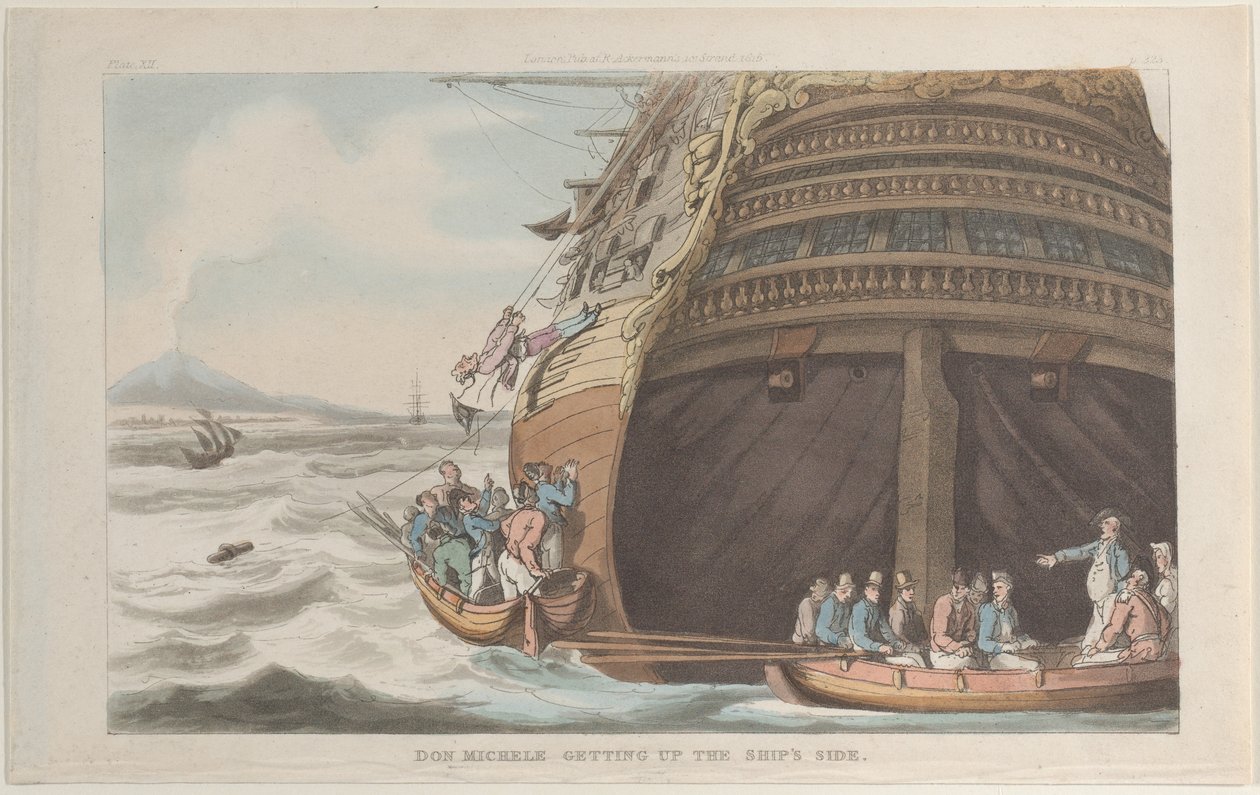 Don Michele steigt die Schiffsseite hinauf, aus Neapel und die Campagna Felice, 1. Juni 1815 von Thomas Rowlandson