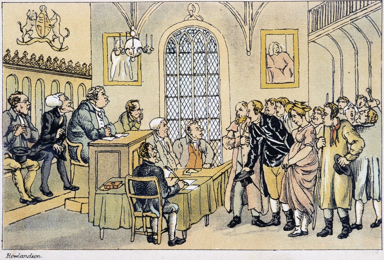 Dr. Syntax vor dem Gerichtshof (in „Die drei Reisen des Doktor Syntax auf der Suche nach dem Malerischen, Trost und einer Frau“ von W. Combe, illustriert von Rowlandson, London, Hotten) von Thomas Rowlandson